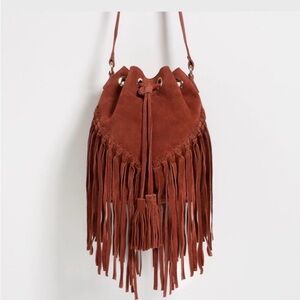 Zara Rust Colored Suede Fringe Adjustable Strap Crossbody with Drawstring  OS